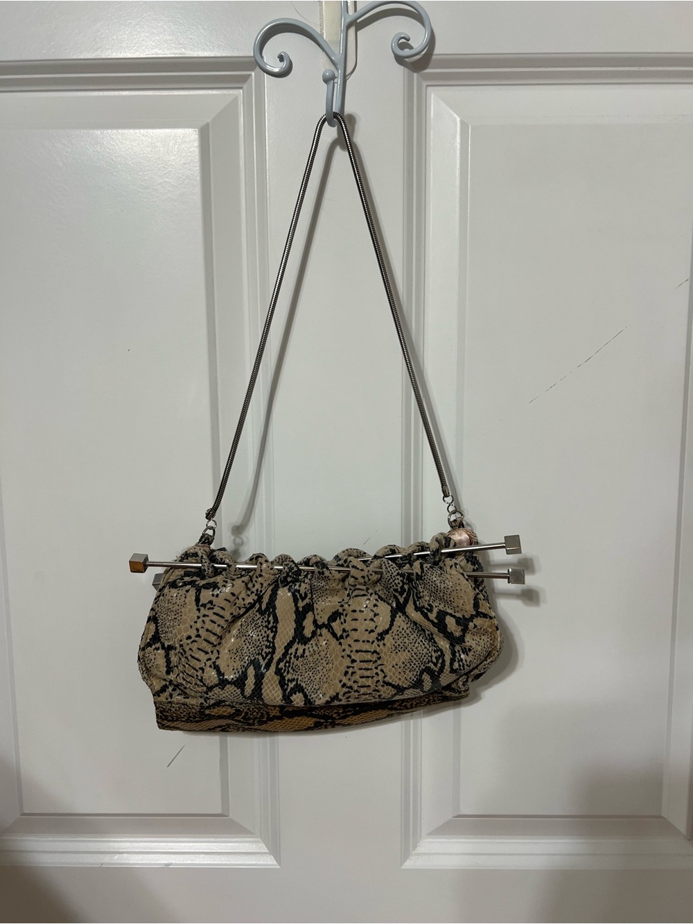 Vintage Snake Print Shoulder Clutch in Beige and Black